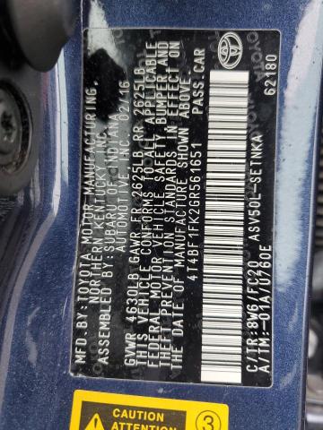4T4BF1FK2GR561651 - 2016 TOYOTA CAMRY LE BLUE photo 12