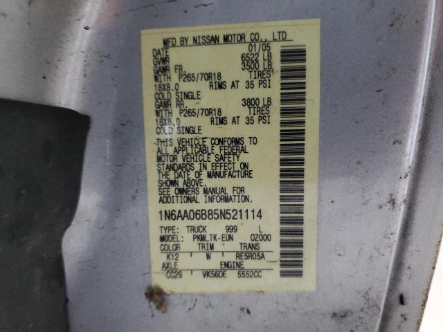 1N6AA06B85N521114 - 2005 NISSAN TITAN XE 银色 照片 12