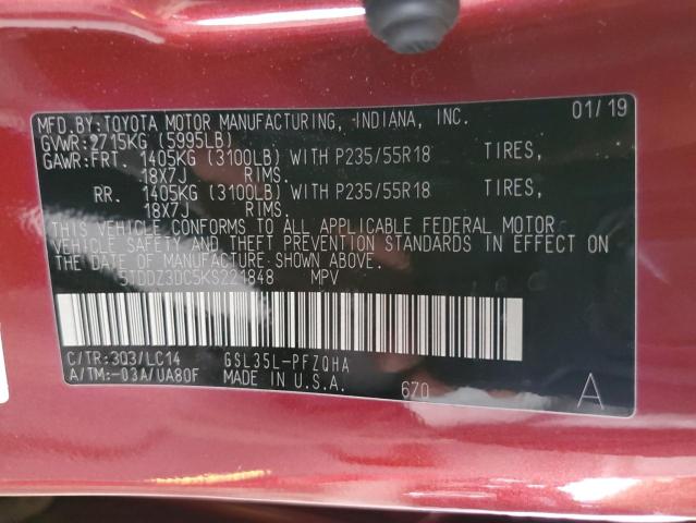 5TDDZ3DC5KS221848 - 2019 TOYOTA SIENNA XLE Burgund zdjęcie 13