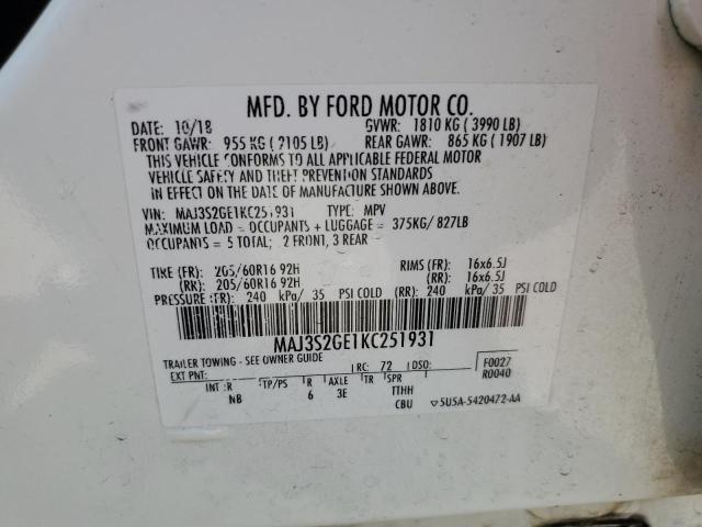 MAJ3S2GE1KC251931 - 2019 FORD ECOSPORT SE WHITE photo 12