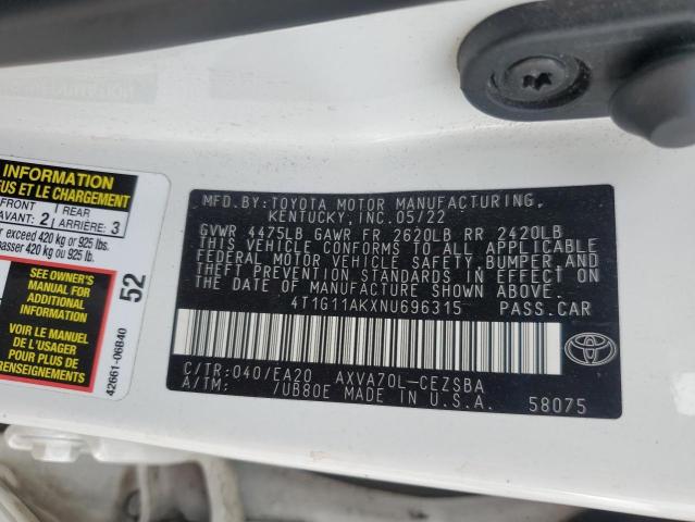 4T1G11AKXNU696315 - 2022 TOYOTA CAMRY SE თეთრი ფოტო 12