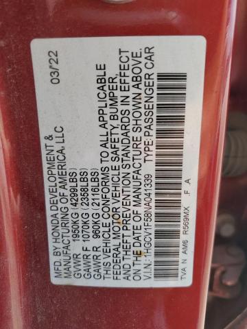 1HGCV1F58NA041339 - 2022 HONDA ACCORD EXL RED photo 12