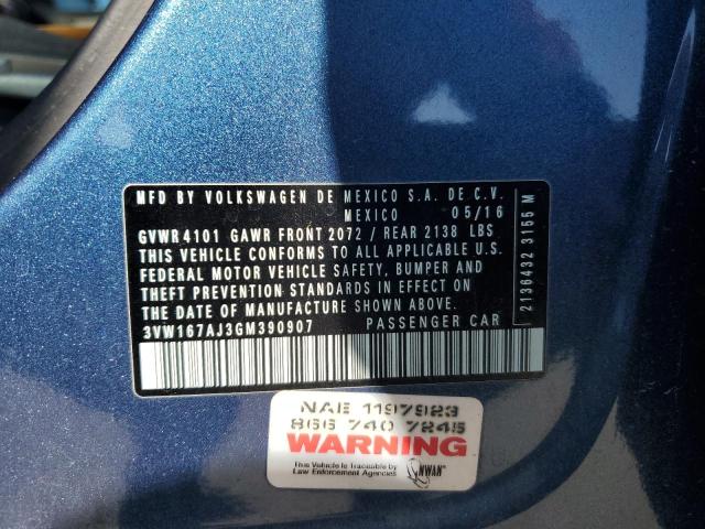 3VW167AJ3GM390907 - 2016 VOLKSWAGEN JETTA S BLUE photo 13