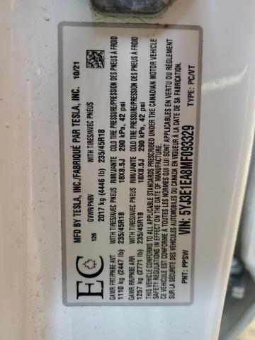 5YJ3E1EA8MF093329 - 2021 TESLA MODEL 3 თეთრი ფოტო 13