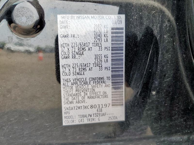 5N1AT2MT3KC803197 - 2019 NISSAN ROGUE S 黑色 照片 12