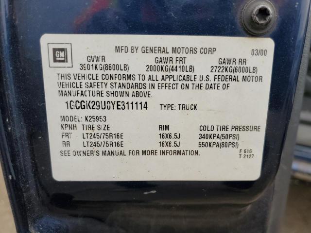 1GCGK29U0YE311114 - 2000 CHEVROLET SILVERADO K2500 BLUE photo 12