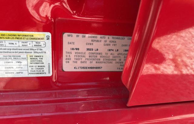 KL1TD5DE4AB048957 - 2010 CHEVROLET AVEO LS RED photo 10