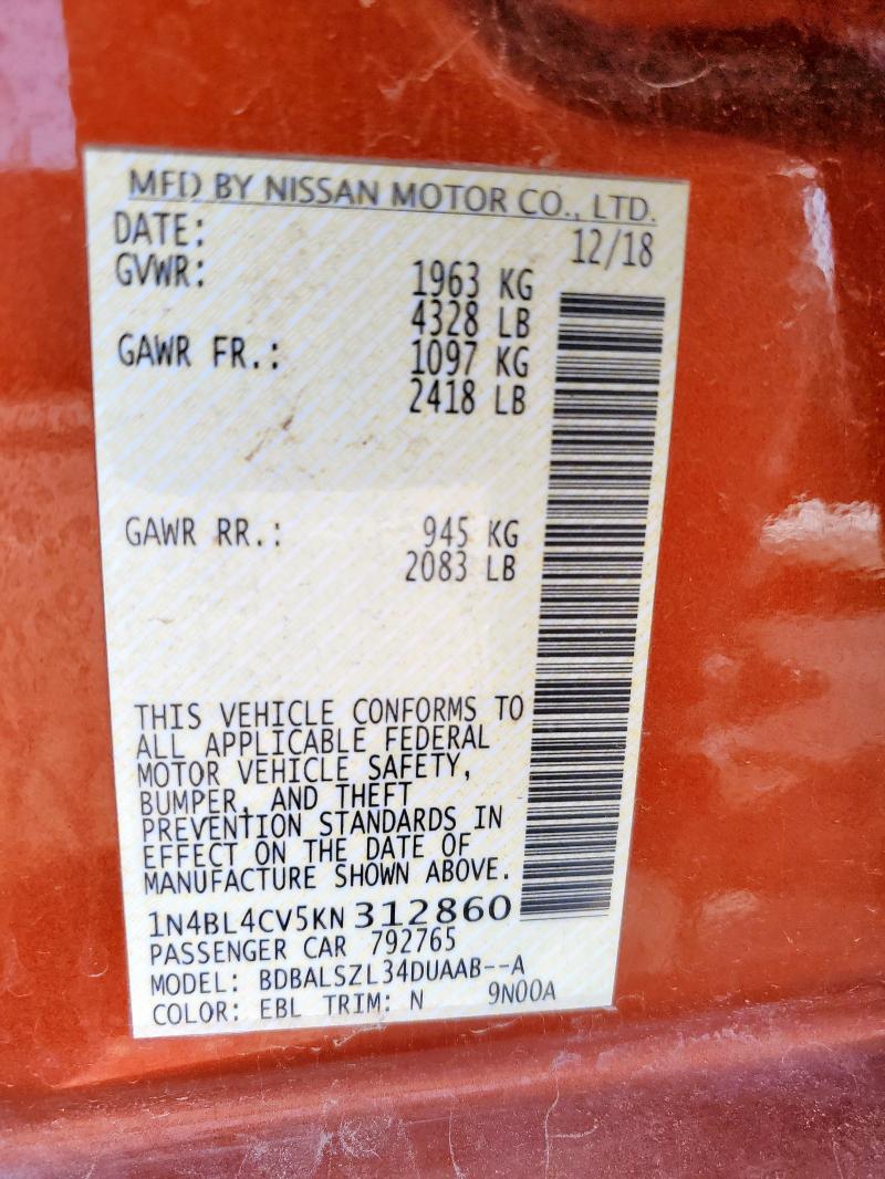 1N4BL4CV5KN312860 - 2019 NISSAN ALTIMA SR ნარინჯისფერი ფოტო 12