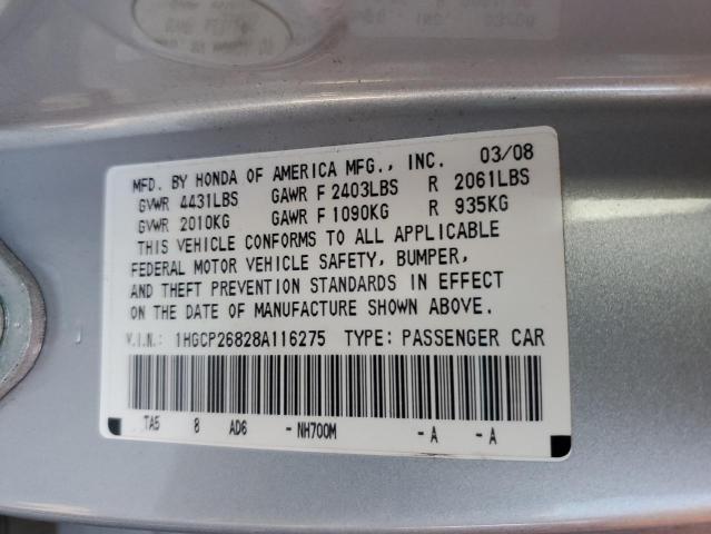1HGCP26828A116275 - 2008 HONDA ACCORD EXL SILVER photo 12
