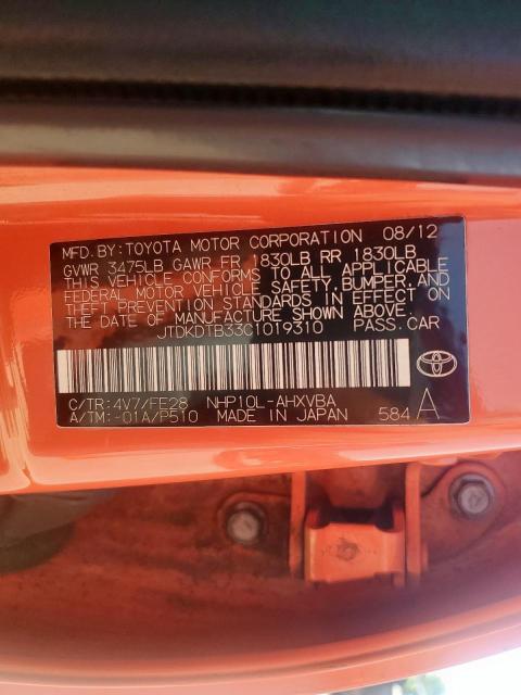 JTDKDTB33C1019310 - 2012 TOYOTA PRIUS C Pomarańczowy zdjęcie 12