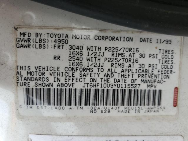 JT6HF10U3Y0115527 - 2000 LEXUS RX 300 WHITE photo 13