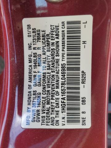 1HGFA16578L046985 - 2008 HONDA CIVIC LX RED photo 12
