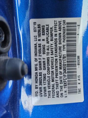 19XFC1F34KE011781 - 2019 HONDA CIVIC EX BLUE photo 12