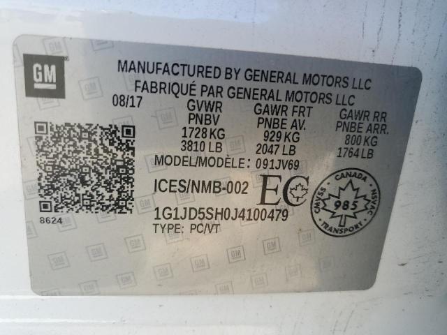 1G1JD5SH0J4100479 - 2018 CHEVROLET SONIC LT WHITE photo 12