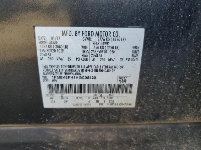 1FM5K8FH1HGC05420 - 2017 FORD EXPLORER LIMITED GRAY photo 12