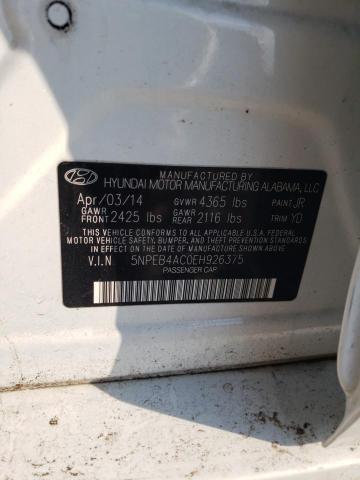 5NPEB4AC0EH926375 - 2014 HYUNDAI SONATA GLS WHITE photo 12