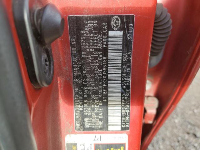 4T1BF1FK7CU595458 - 2012 TOYOTA CAMRY BASE 红色 照片 12