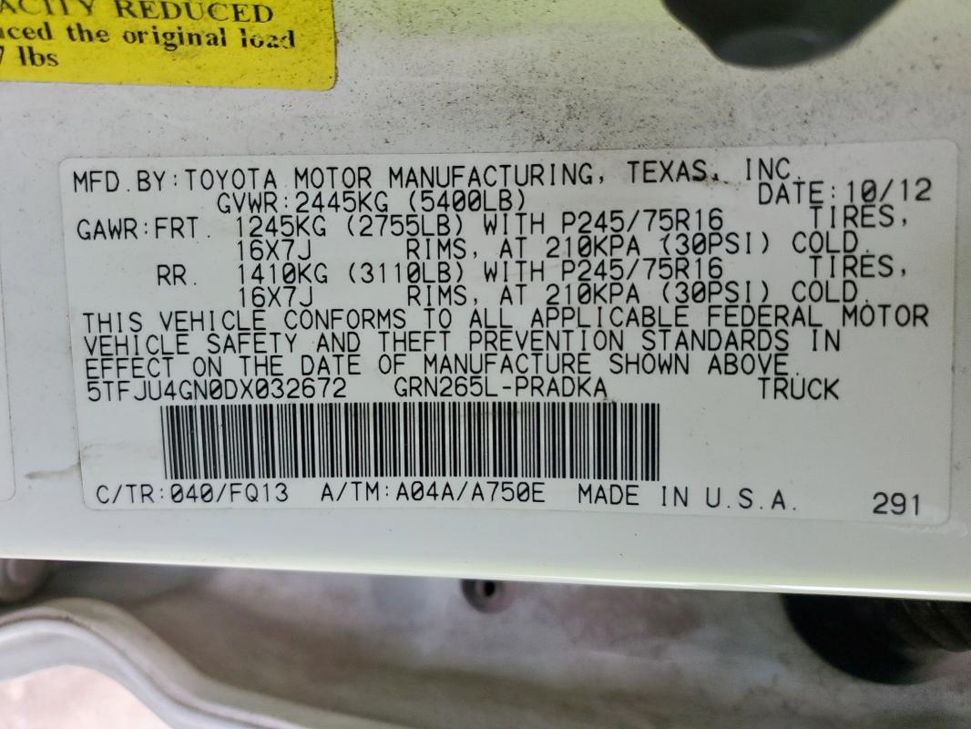 5TFJU4GN0DX032672 - 2013 TOYOTA TACOMA DOUBLE CAB PRERUNNER WHITE photo 13