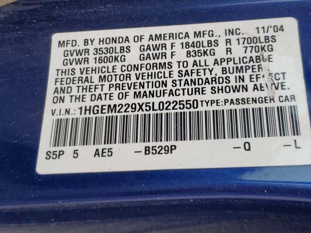 1HGEM229X5L022550 - 2005 HONDA CIVIC EX BLUE photo 12