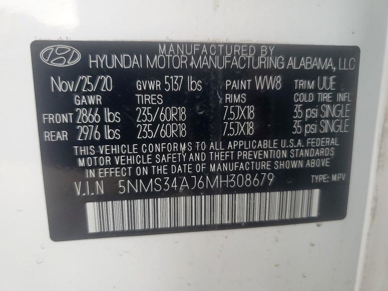 5NMS34AJ6MH308679 - 2021 HYUNDAI SANTA FE SEL WHITE photo 14