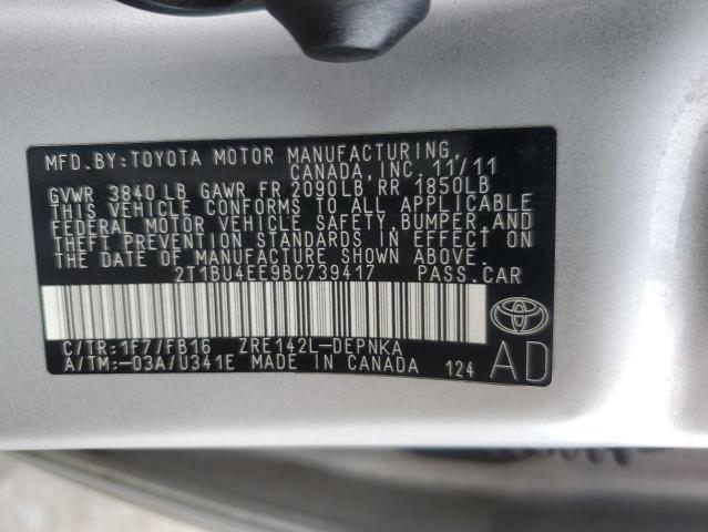 2T1BU4EE9BC739417 - 2011 TOYOTA COROLLA BASE SILVER photo 12