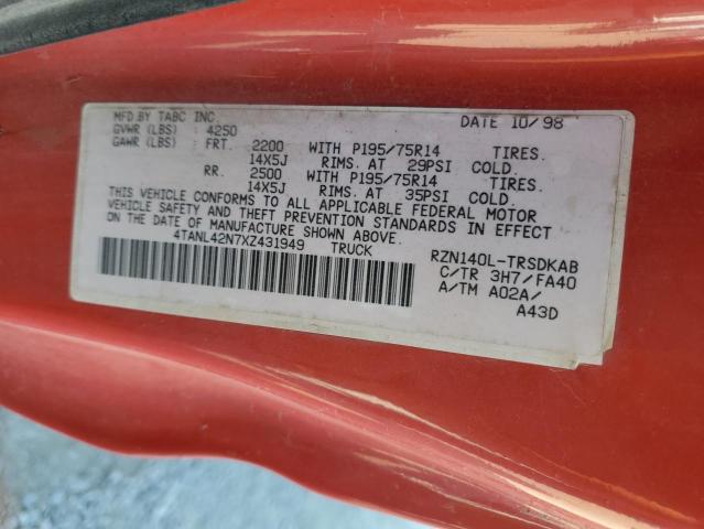 4TANL42N7XZ431949 - 1999 TOYOTA TACOMA RED photo 12