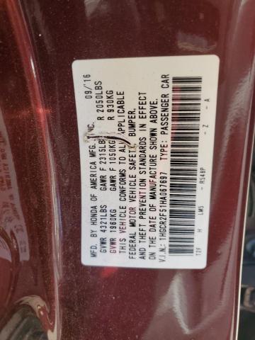 1HGCR2F51HA067697 - 2017 HONDA ACCORD SPORT BURGUNDY photo 12