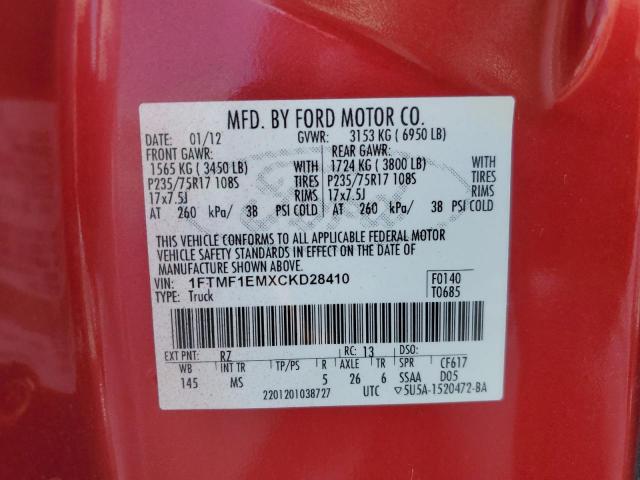 1FTMF1EMXCKD28410 - 2012 FORD F150 RED photo 12