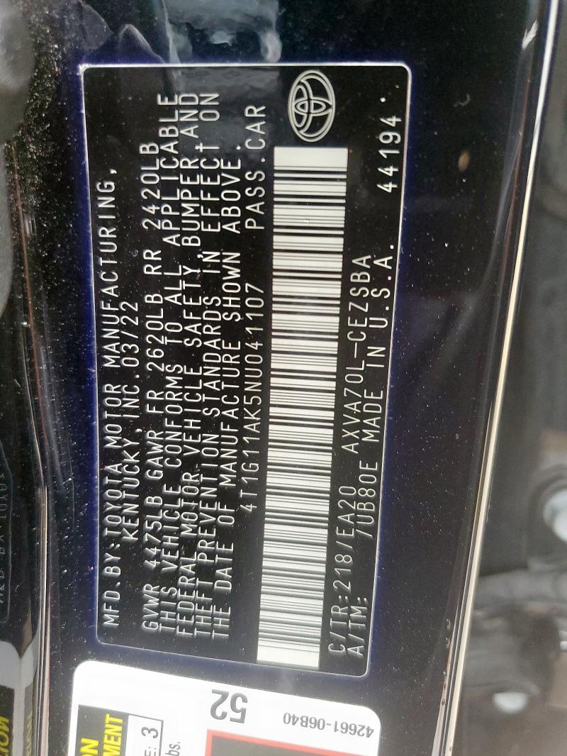 4T1G11AK5NU041107 - 2022 TOYOTA CAMRY SE BLACK photo 12