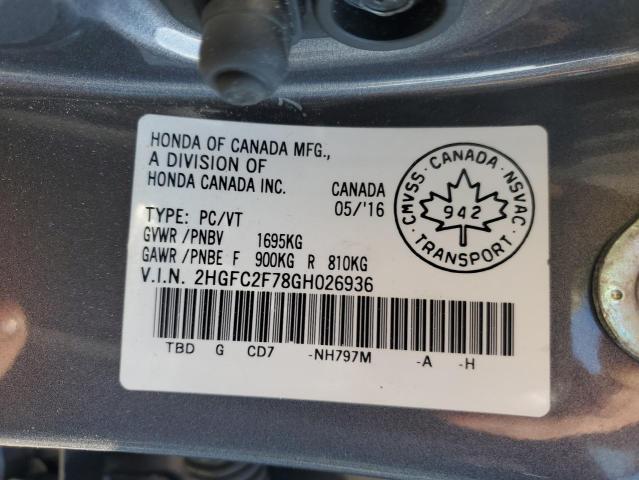 2HGFC2F78GH026936 - 2016 HONDA CIVIC EX CHARCOAL photo 13