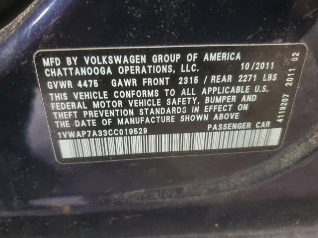 1VWAP7A33CC019529 - 2012 VOLKSWAGEN PASSAT S ლურჯი ფოტო 13