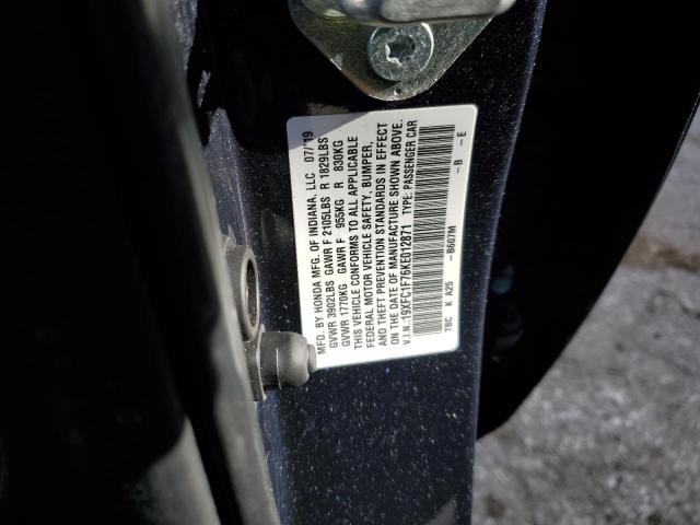 19XFC1F76KE012871 - 2019 HONDA CIVIC EXL ნაცრისფერი ფოტო 12