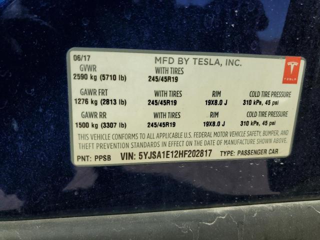 5YJSA1E12HF202817 - 2017 TESLA MODEL S BLUE photo 12