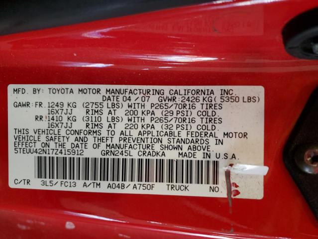 5TEUU42N17Z415912 - 2007 TOYOTA TACOMA ACCESS CAB Rojo foto 12