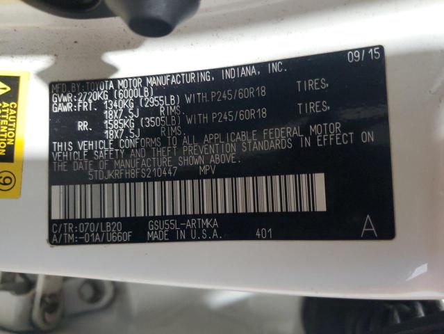 5TDJKRFH8FS210447 - 2015 TOYOTA HIGHLANDER XLE WHITE photo 13