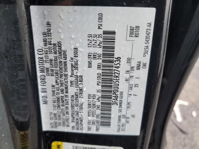 3FA6P0UU5ER274536 - 2014 FORD FUSION S HYBRID BLACK photo 12