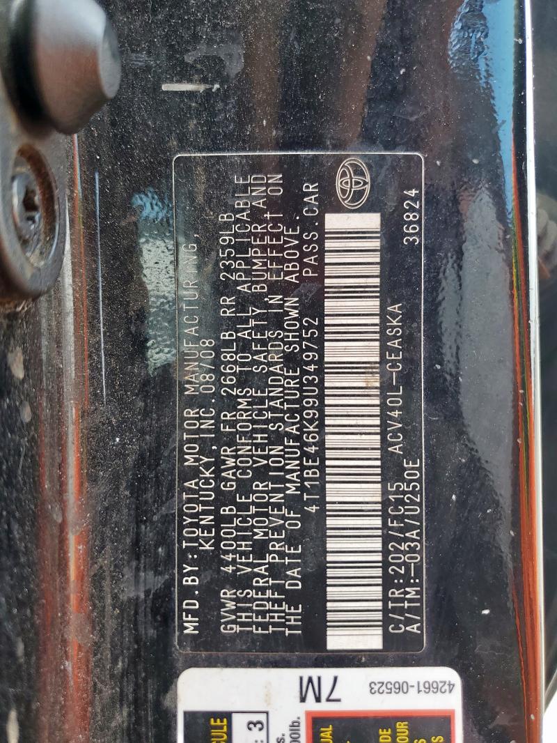 4T1BE46K99U349752 - 2009 TOYOTA CAMRY BASE BLACK photo 12