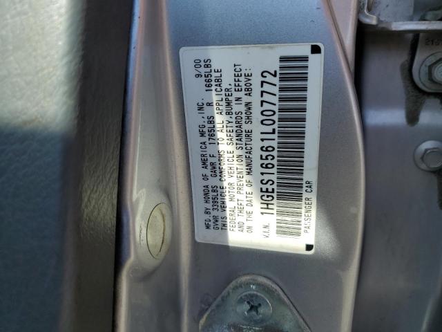 1HGES16561L007772 - 2001 HONDA CIVIC LX SILVER photo 12