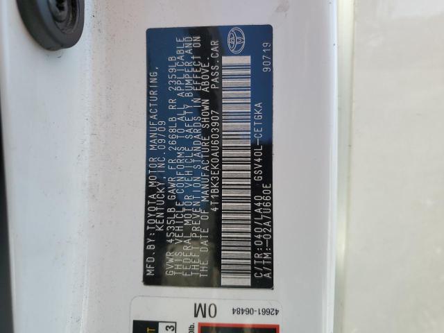 4T1BK3EK0AU603907 - 2010 TOYOTA CAMRY SE 白色 照片 12