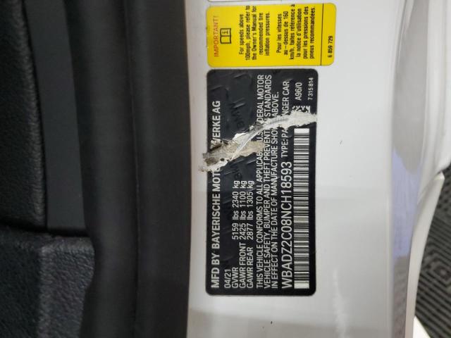 WBADZ2C08NCH18593 - 2022 BMW 840I WHITE photo 12