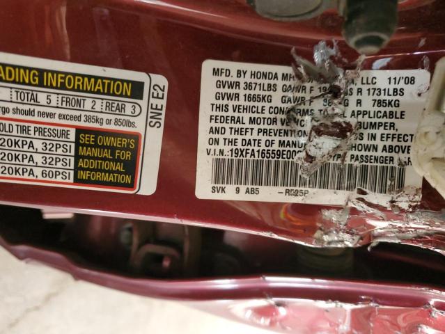 19XFA16559E002329 - 2009 HONDA CIVIC LX BURGUNDY photo 12