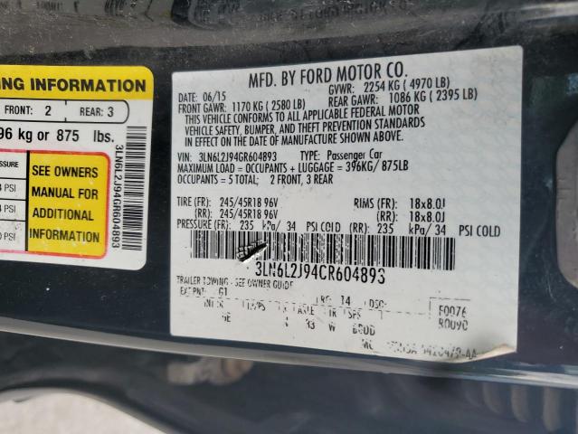 3LN6L2J94GR604893 - 2016 LINCOLN MKZ BLACK photo 12