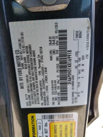 3FA6P0HD1KR169918 - 2019 FORD FUSION SE CHARCOAL photo 12