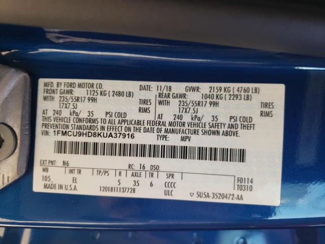 1FMCU9HD8KUA37916 - 2019 FORD ESCAPE SEL 蓝色 照片 13