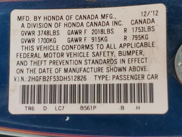 2HGFB2F53DH512826 - 2013 HONDA CIVIC LX BLUE photo 12