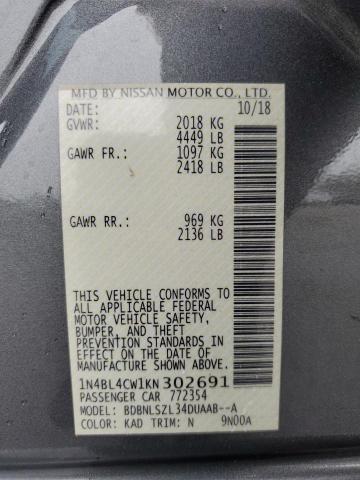 1N4BL4CW1KN302691 - 2019 NISSAN ALTIMA SR 灰色 照片 12
