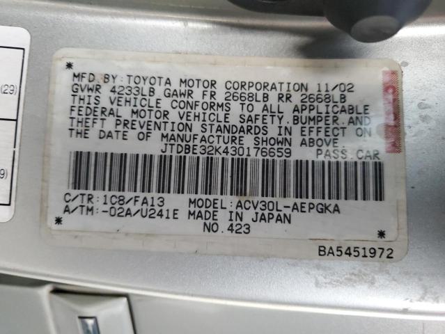 JTDBE32K430176659 - 2003 TOYOTA CAMRY LE SILVER photo 13