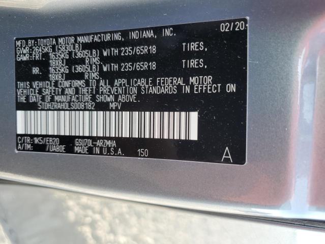 5TDHZRAH0LS008182 - 2020 TOYOTA HIGHLANDER XLE Сұр фото 14