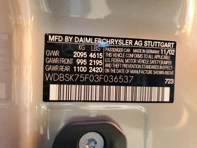 WDBSK75F03F036537 - 2003 MERCEDES-BENZ SL 500R SILVER photo 12