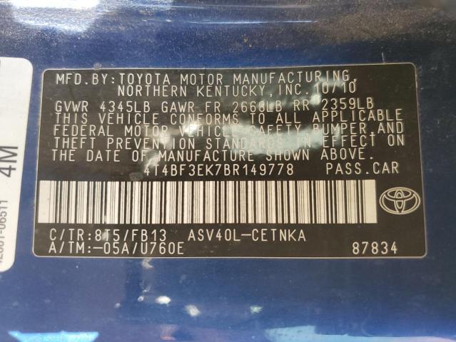 4T4BF3EK7BR149778 - 2011 TOYOTA CAMRY BASE Bleu photo 12